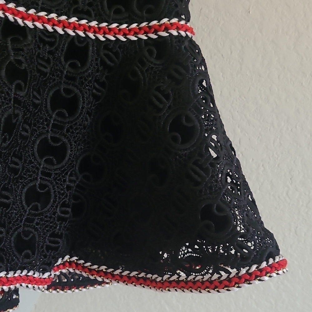 Sandro Paris Richard Chain Link Black Eyelet Elegant Lace Skirt Red Trim Size 1 - Picture 4 of 10